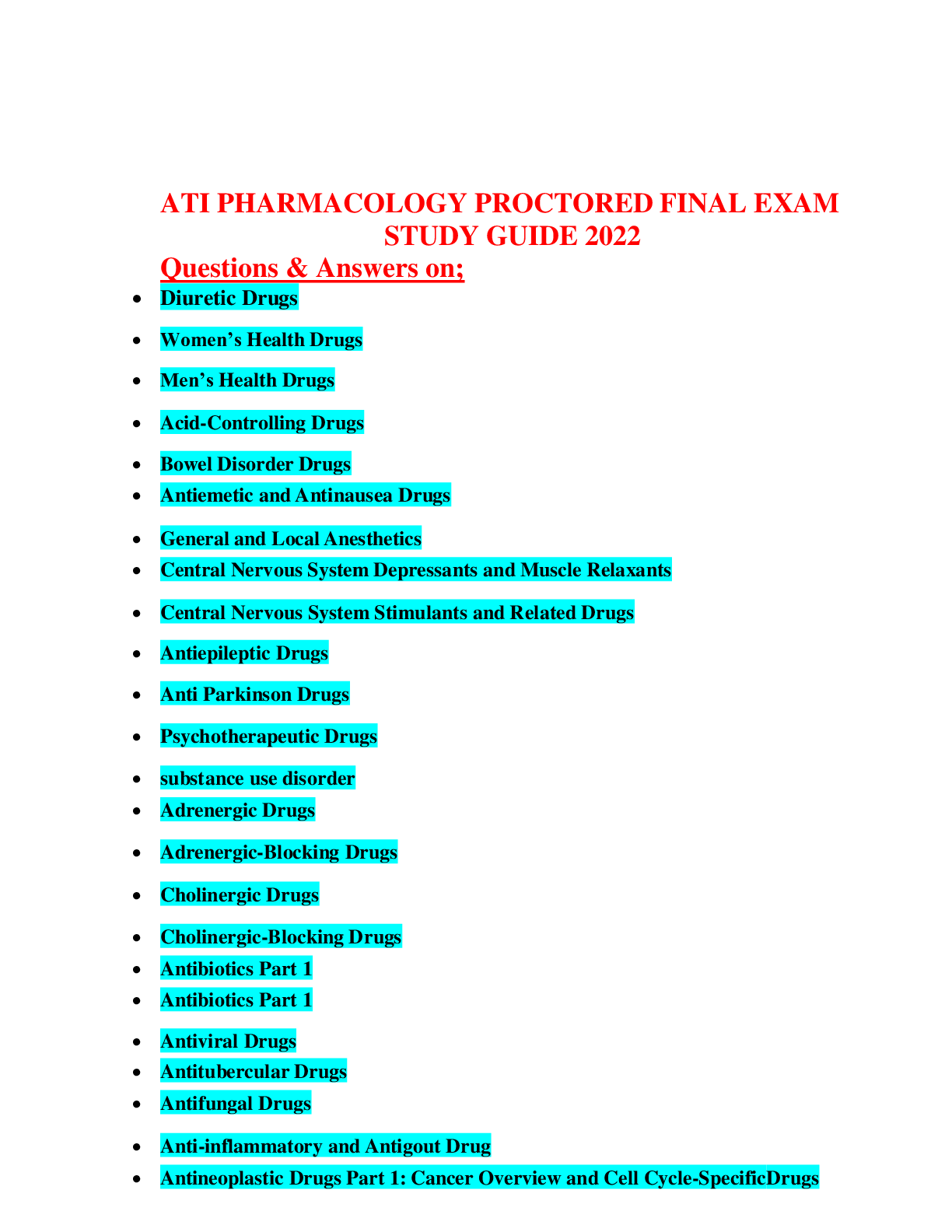 Preview image for ATI PHARMACOLOGY PROCTORED FINAL EXAM - STUDY GUIDE 2022
